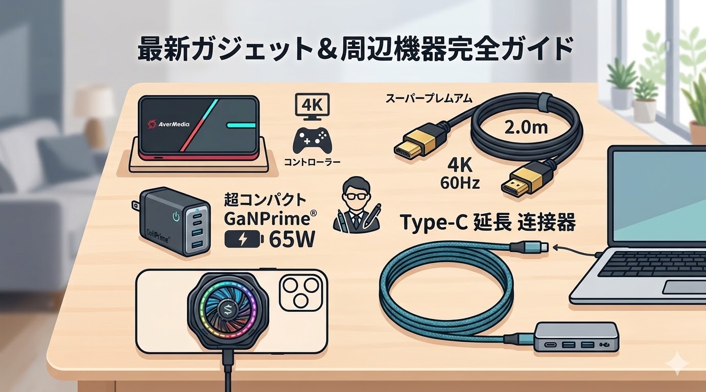 パワアド配信・録画用のおすすめ機材セット（キャプチャーボード・スマホクーラー等）のイラスト